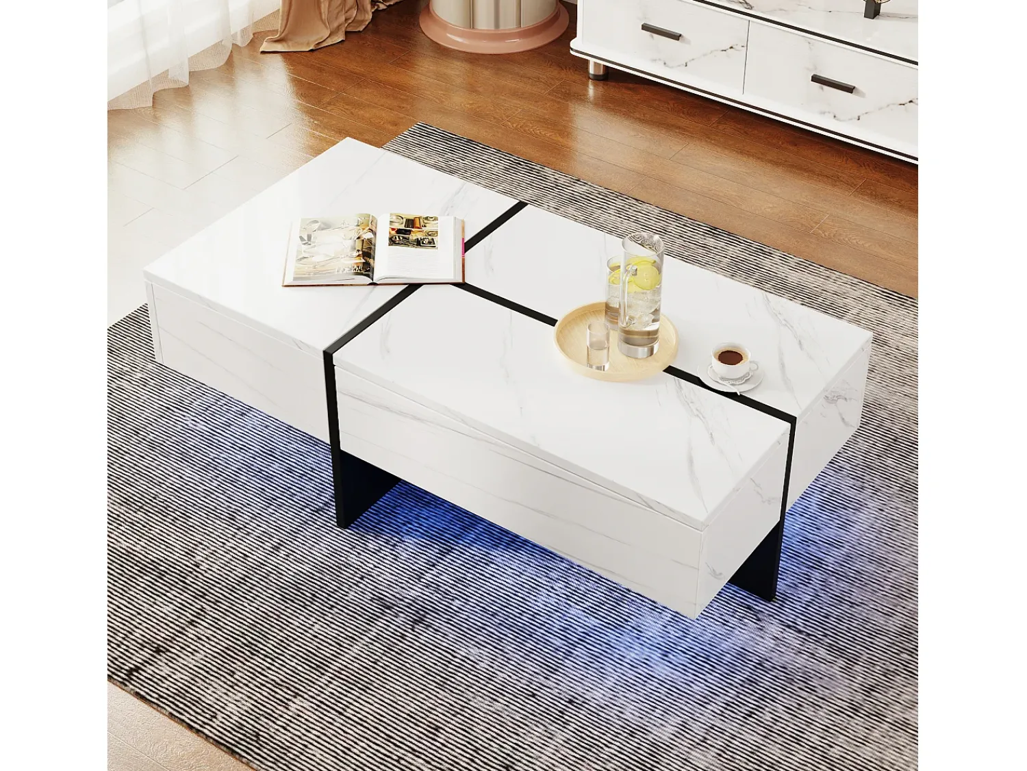 Mesa De Centro|Hauss Spole Mesa de centro com 3 gavetas 100x50 cm, iluminação LED Bluetooth, tampo em folheado de mármore Branco