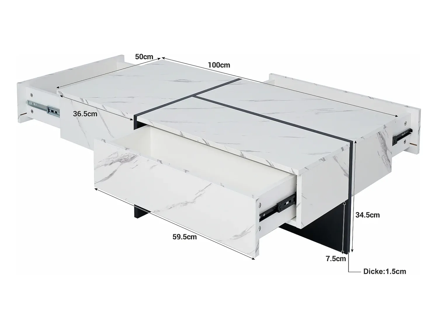Mesa De Centro|Hauss Spole Mesa de centro com 3 gavetas 100x50 cm, iluminação LED Bluetooth, tampo em folheado de mármore Branco