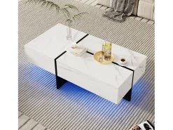 Mesa De Centro|Hauss Spole Mesa de centro com 3 gavetas 100x50 cm, iluminação LED Bluetooth, tampo em folheado de mármore Branco