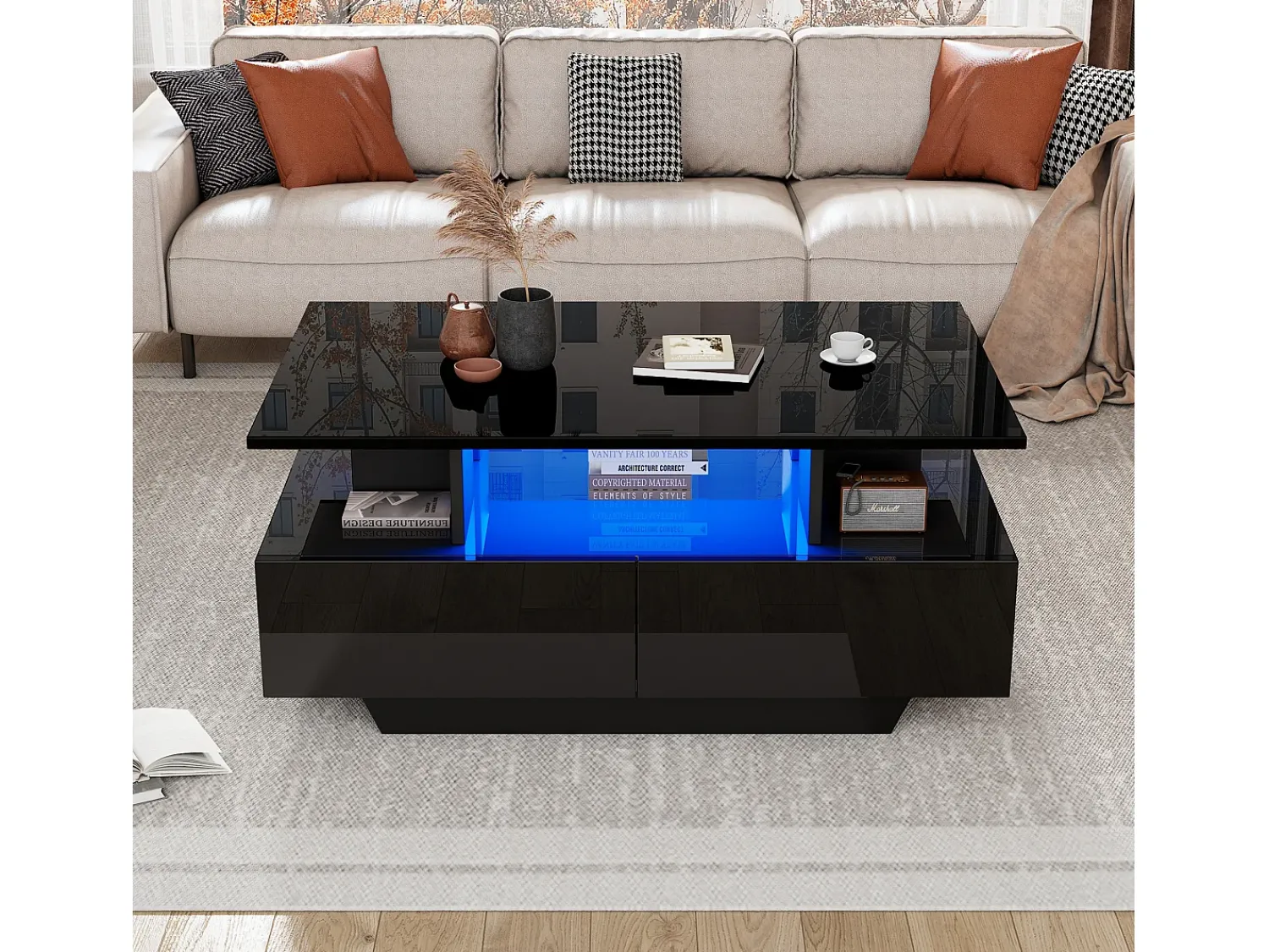 Mesa De Centro*Merax Mesa de centro com 2 gavetas e compartimento aberto - 90 x 55 x 41 cm - LEDs - Aglomerado - brilhante Preto