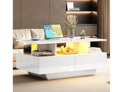 Mesa De Centro*Merax Mesa de centro com 2 gavetas e compartimento aberto - 90 x 55 x 41 cm - LEDs - Aglomerado - brilhante Branco