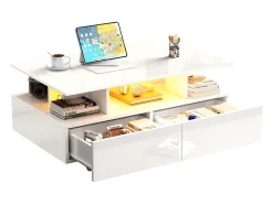 Mesa De Centro*Merax Mesa de centro com 2 gavetas e compartimento aberto - 90 x 55 x 41 cm - LEDs - Aglomerado - brilhante Branco