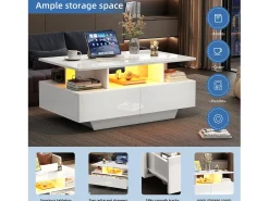 Mesa De Centro*Merax Mesa de centro com 2 gavetas e compartimento aberto - 90 x 55 x 41 cm - LEDs - Aglomerado - brilhante Branco