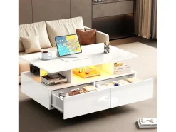 Mesa De Centro*Merax Mesa de centro com 2 gavetas e compartimento aberto - 90 x 55 x 41 cm - LEDs - Aglomerado - brilhante Branco