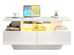 Mesa De Centro*Merax Mesa de centro com 2 gavetas e compartimento aberto - 90 x 55 x 41 cm - LEDs - Aglomerado - brilhante Branco