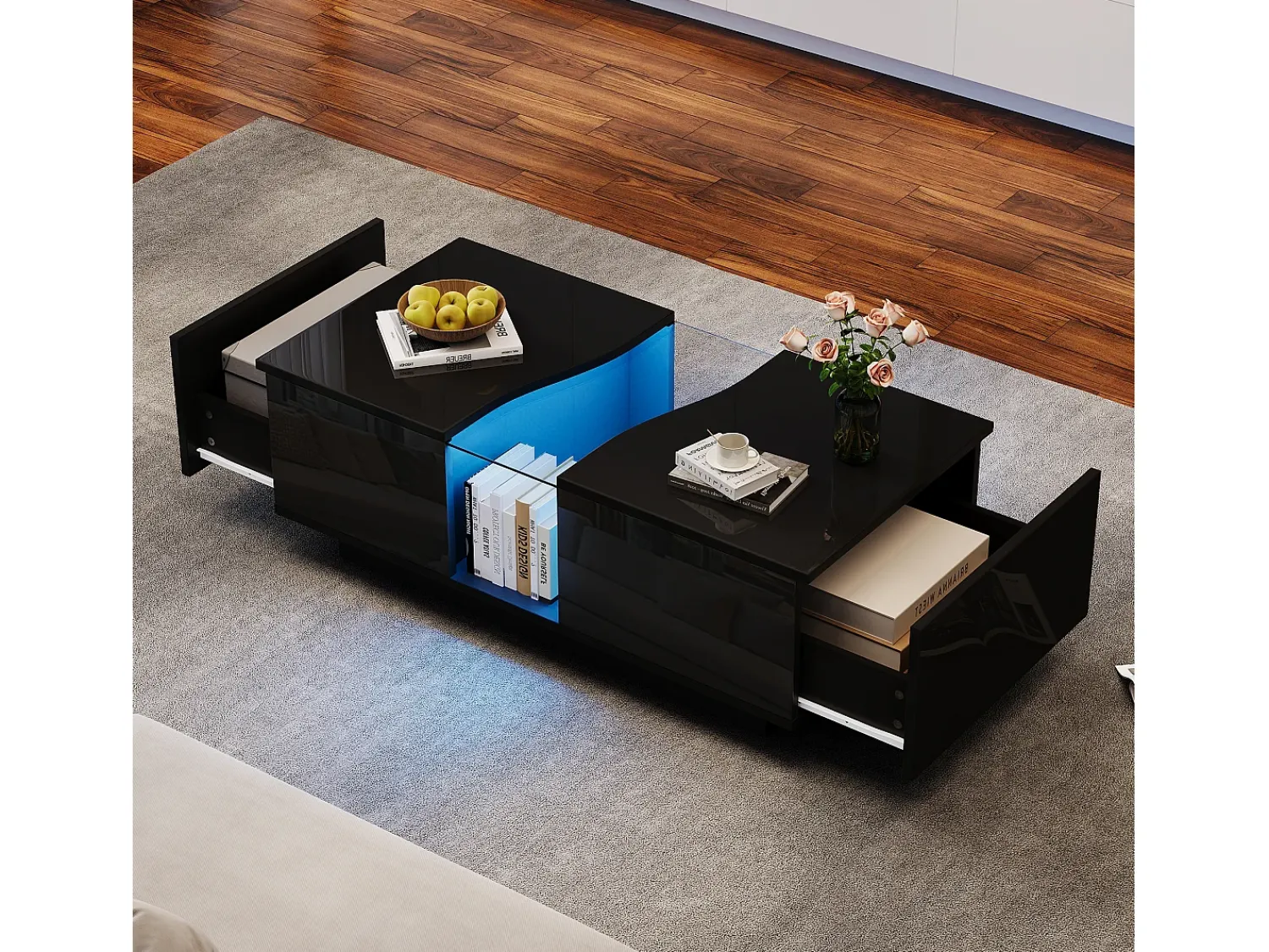 Mesa De Centro*Hauss Spole Mesa de centro com 2 gavetas e LED, em MDF e acrílico, lacado brilhante Preto