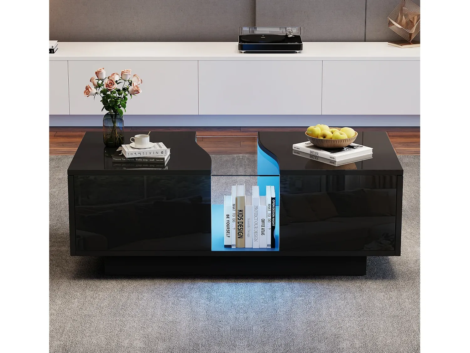 Mesa De Centro*Hauss Spole Mesa de centro com 2 gavetas e LED, em MDF e acrílico, lacado brilhante Preto
