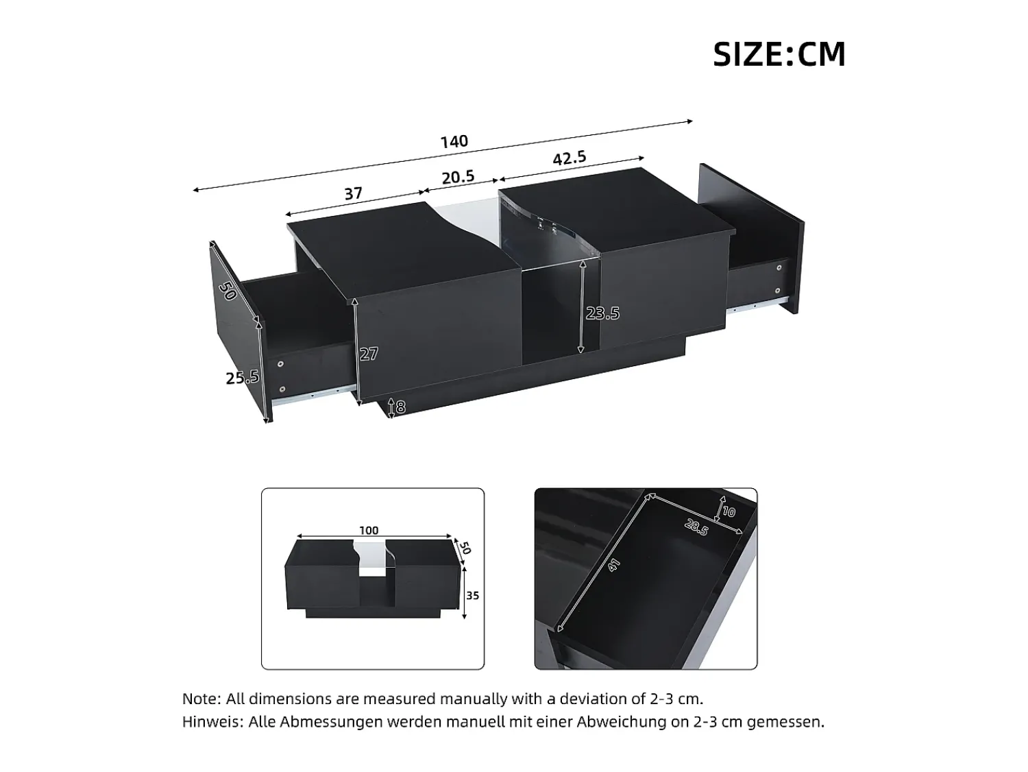 Mesa De Centro*Hauss Spole Mesa de centro com 2 gavetas e LED, em MDF e acrílico, lacado brilhante Preto