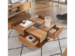 Discount Mesa de centro com 4 gavetas, design exclusivo de cores e linhas, espaço para armazenamento. 78x78x36cm Natural escuro