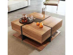 Discount Mesa de centro com 4 gavetas, design exclusivo de cores e linhas, espaço para armazenamento. 78x78x36cm Natural escuro