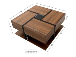 Discount Mesa de centro com 4 gavetas, design exclusivo de cores e linhas, espaço para armazenamento. 78x78x36cm Natural escuro