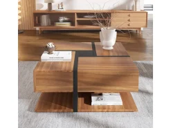 Discount Mesa de centro com 4 gavetas, design exclusivo de cores e linhas, espaço para armazenamento. 78x78x36cm Natural escuro