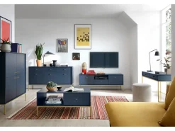 Mesa De Centro| Mesa de centro com 1 gaveta e pés em metal dourado 104x68 cm Azul