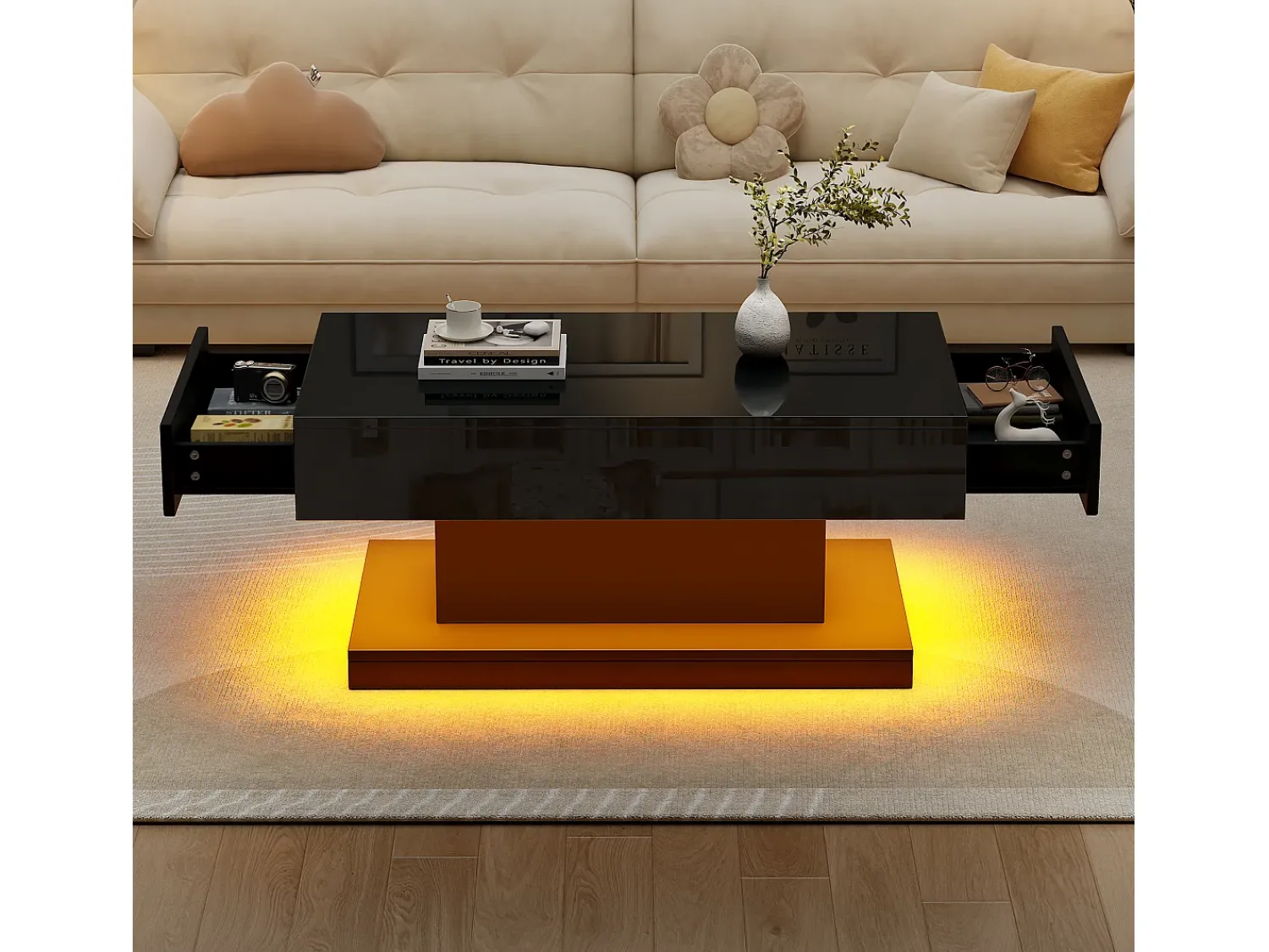 Online Hauss Spole Mesa de centro com 2 gavetas e iluminação LED - Acabamento brilhante - Preto