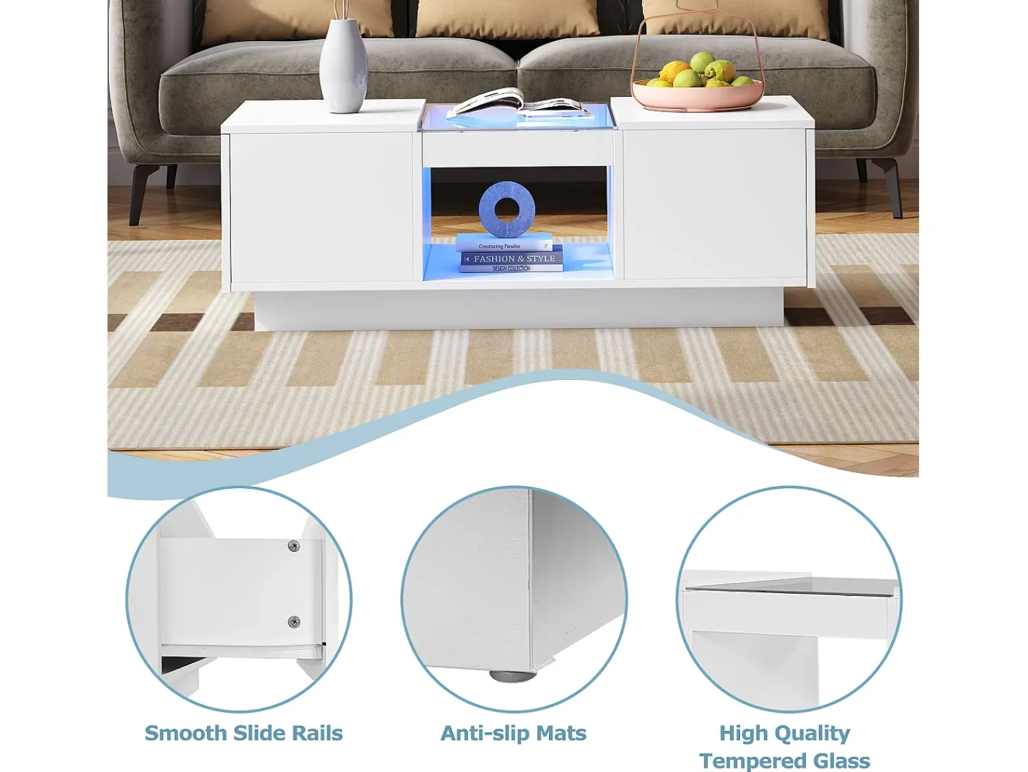 Clearance Merax Mesa de centro com 2 gavetas e 1 compartimento - 100x50x35,5 cm - Iluminação LED e painéis de vidro - Branco