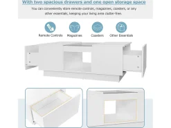Clearance Merax Mesa de centro com 2 gavetas e 1 compartimento - 100x50x35,5 cm - Iluminação LED e painéis de vidro - Branco
