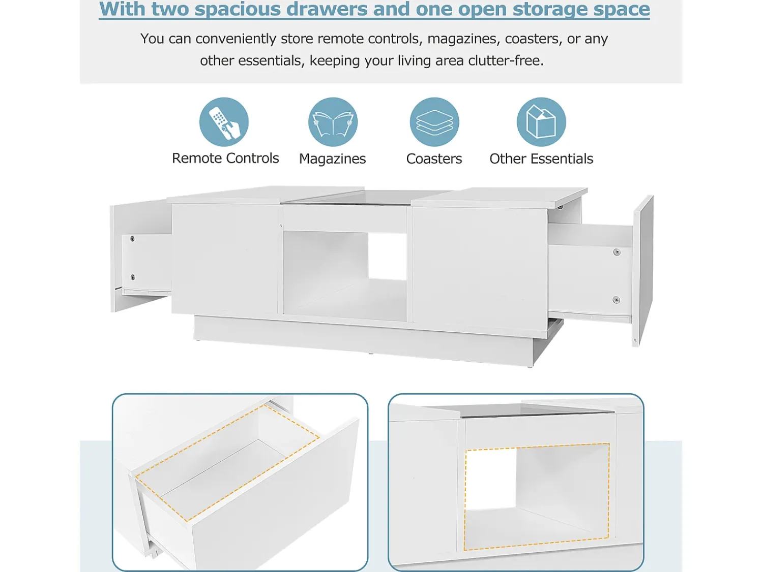 Clearance Merax Mesa de centro com 2 gavetas e 1 compartimento - 100x50x35,5 cm - Iluminação LED e painéis de vidro - Branco