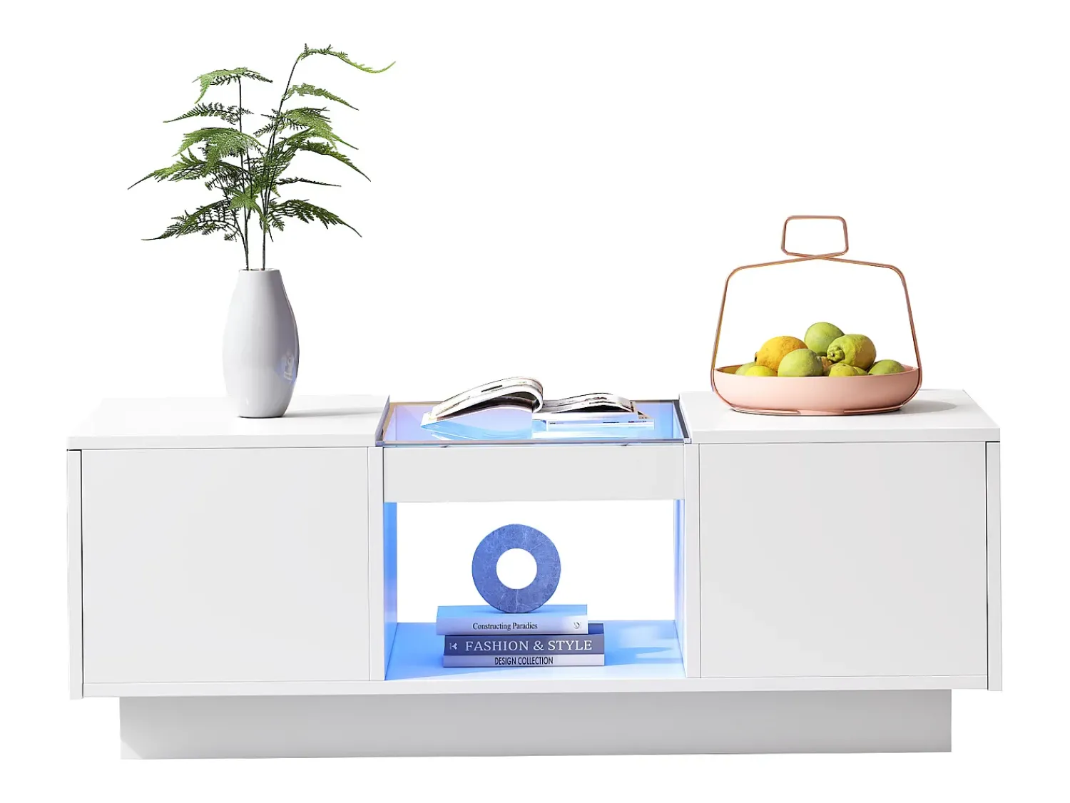 Clearance Merax Mesa de centro com 2 gavetas e 1 compartimento - 100x50x35,5 cm - Iluminação LED e painéis de vidro - Branco