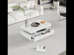 Mesa De Centro|Merax Mesa de centro com 4 gavetas - 80 x 50 x 36 cm - LEDs - Aglomerado - Branco