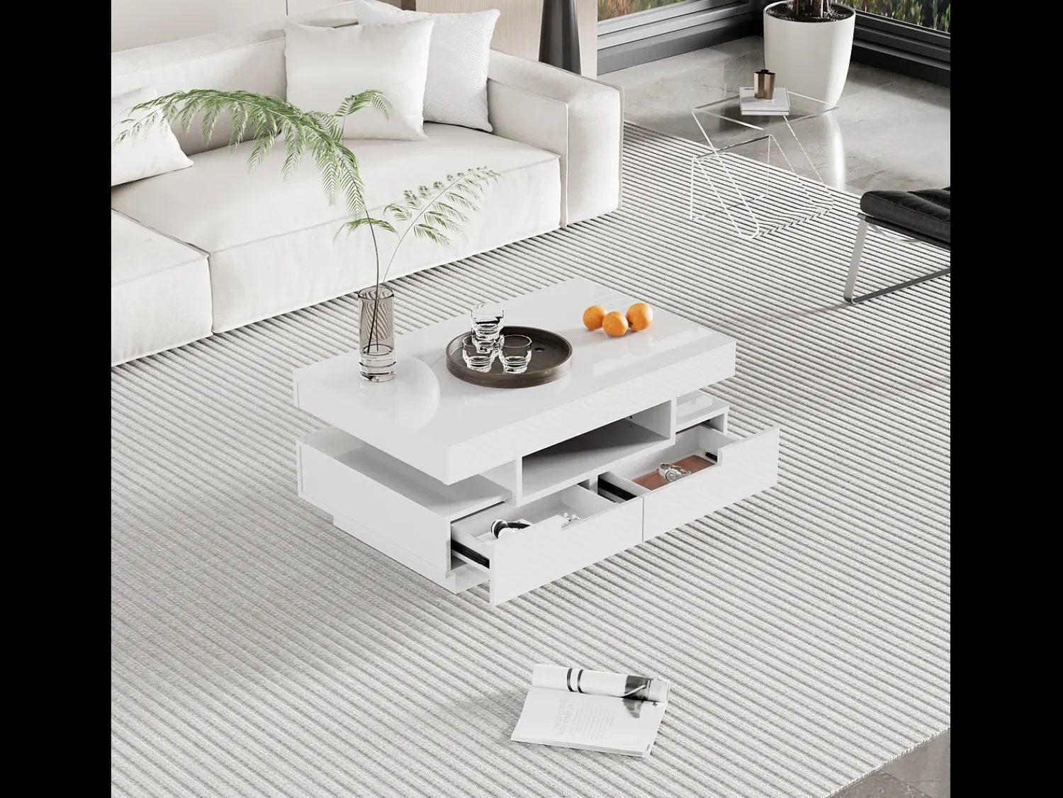 Mesa De Centro|Merax Mesa de centro com 4 gavetas - 80 x 50 x 36 cm - LEDs - Aglomerado - Branco