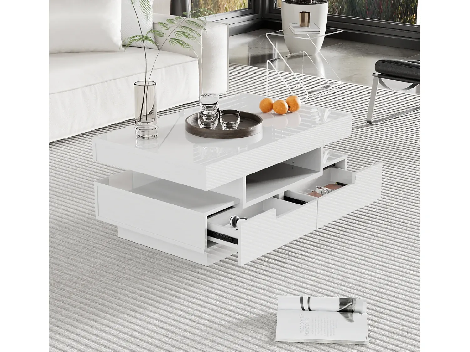 Mesa De Centro|Merax Mesa de centro com 4 gavetas - 80 x 50 x 36 cm - LEDs - Aglomerado - Branco