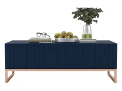 New Mesa de centro com 2 portas - Corpo -marinho mate, frentes estriadas -marinho mate - 110 cm, Estrutura metálica Azul
