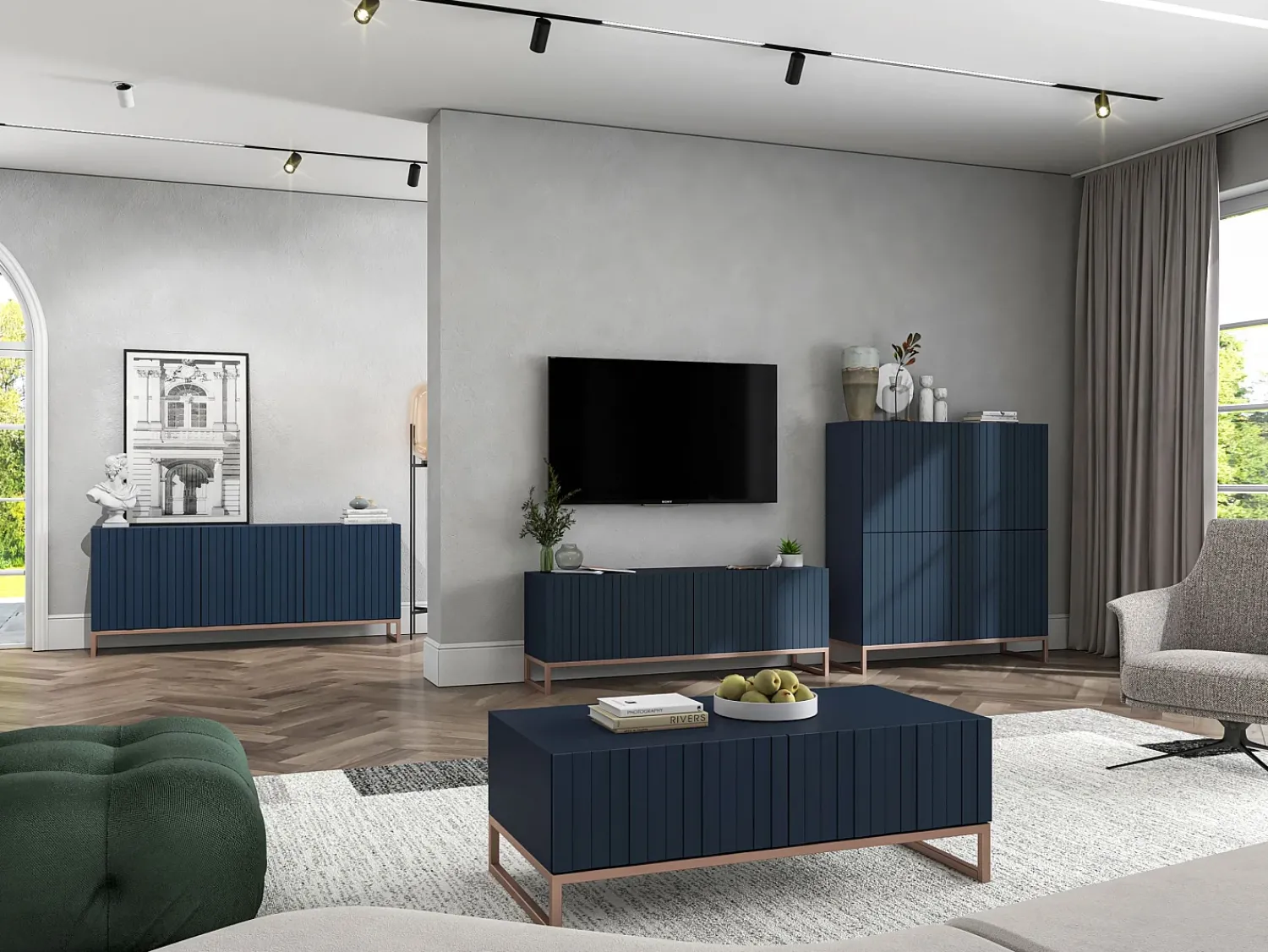 New Mesa de centro com 2 portas - Corpo -marinho mate, frentes estriadas -marinho mate - 110 cm, Estrutura metálica Azul