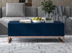 New Mesa de centro com 2 portas - Corpo -marinho mate, frentes estriadas -marinho mate - 110 cm, Estrutura metálica Azul