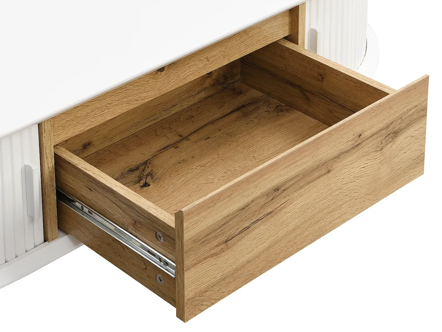 Mesa De Centro|Vente-unique Mesa de centro com 2 portas de correr e 1 gaveta MDF natural e branco - VELURANI Natural claro / Branco