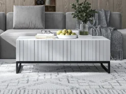 Mesa de centro com 2 portas - Corpo mate, frentes estriadas mate - 110 cm, Estrutura metálica preta^ Mesa De Centro