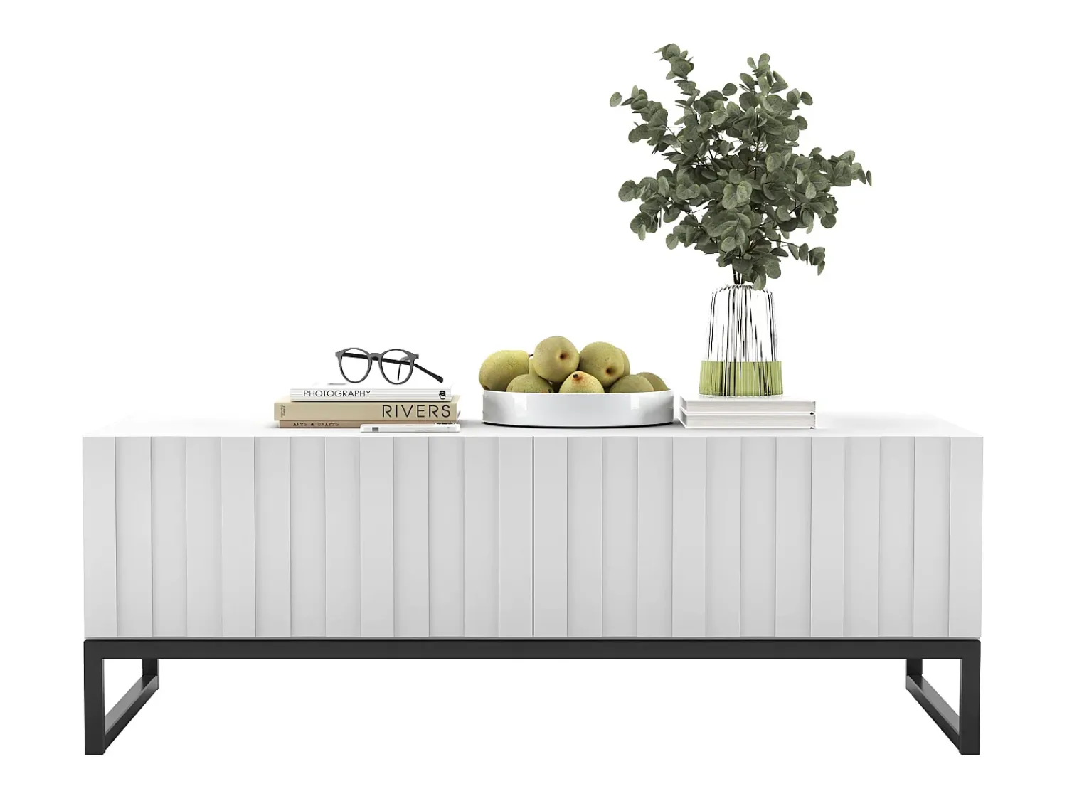 Mesa de centro com 2 portas - Corpo mate, frentes estriadas mate - 110 cm, Estrutura metálica preta^ Mesa De Centro