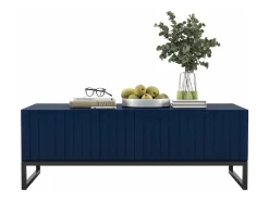 Outlet Mesa de centro com 2 portas - Corpo -marinho mate, frentes estriadas -marinho mate - 110 cm, Estrutura metálica preta Azul