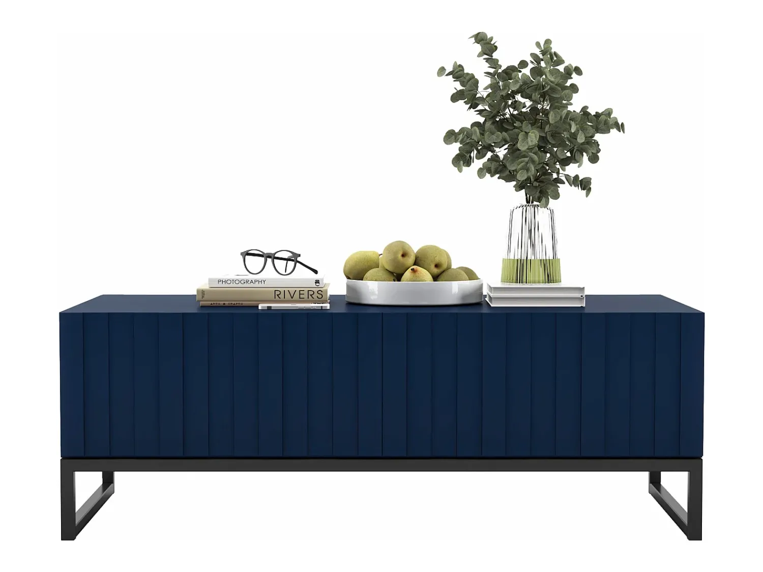 Outlet Mesa de centro com 2 portas - Corpo -marinho mate, frentes estriadas -marinho mate - 110 cm, Estrutura metálica preta Azul