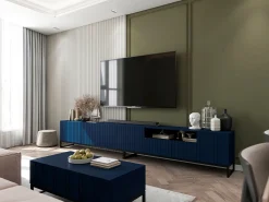 Outlet Mesa de centro com 2 portas - Corpo -marinho mate, frentes estriadas -marinho mate - 110 cm, Estrutura metálica preta Azul