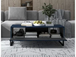 Outlet Mesa de centro com 2 portas - Corpo -marinho mate, frentes estriadas -marinho mate - 110 cm, Estrutura metálica preta Azul