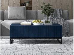 Outlet Mesa de centro com 2 portas - Corpo -marinho mate, frentes estriadas -marinho mate - 110 cm, Estrutura metálica preta Azul