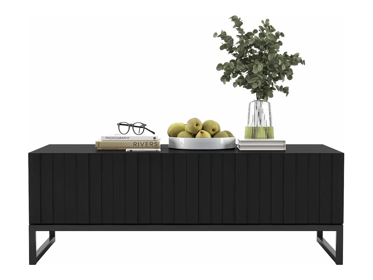 Mesa de centro com 2 portas - Corpo mate, frentes estriadas mate - 110 cm, Estrutura metálica preta^ Mesa De Centro