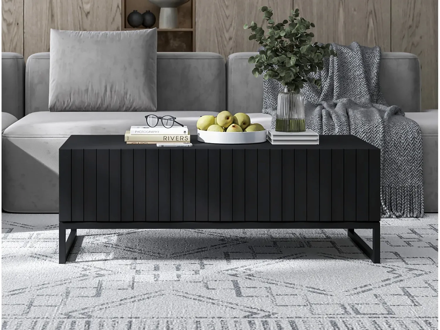 Mesa de centro com 2 portas - Corpo mate, frentes estriadas mate - 110 cm, Estrutura metálica preta^ Mesa De Centro
