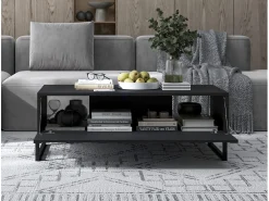 Mesa de centro com 2 portas - Corpo mate, frentes estriadas mate - 110 cm, Estrutura metálica preta^ Mesa De Centro