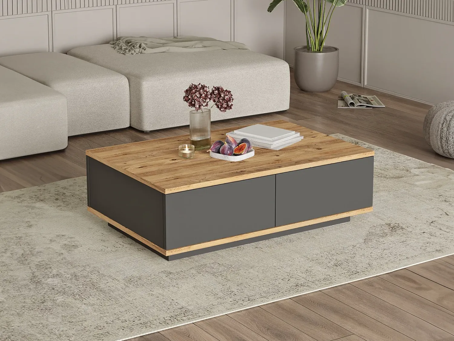 Mesa De Centro|Vente-unique Mesa de centro com 2 portas - Natural Claro e Antracite - LOTULA Cinza antracite / Natural claro