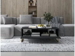 Mesa de centro com 2 portas – corpo fosco, frentes caneladas fosco – 110 cm, estrutura metálica^ Mesa De Centro