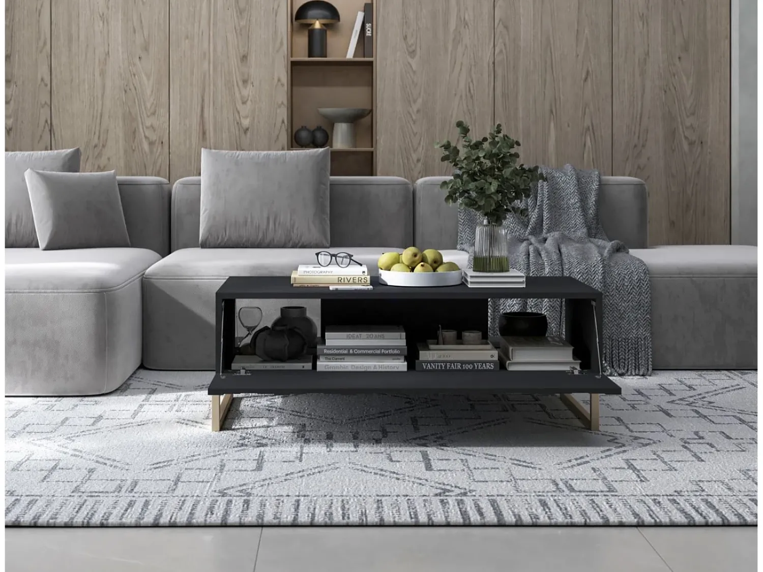 Mesa de centro com 2 portas – corpo fosco, frentes caneladas fosco – 110 cm, estrutura metálica^ Mesa De Centro