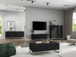 Mesa de centro com 2 portas – corpo fosco, frentes caneladas fosco – 110 cm, estrutura metálica^ Mesa De Centro