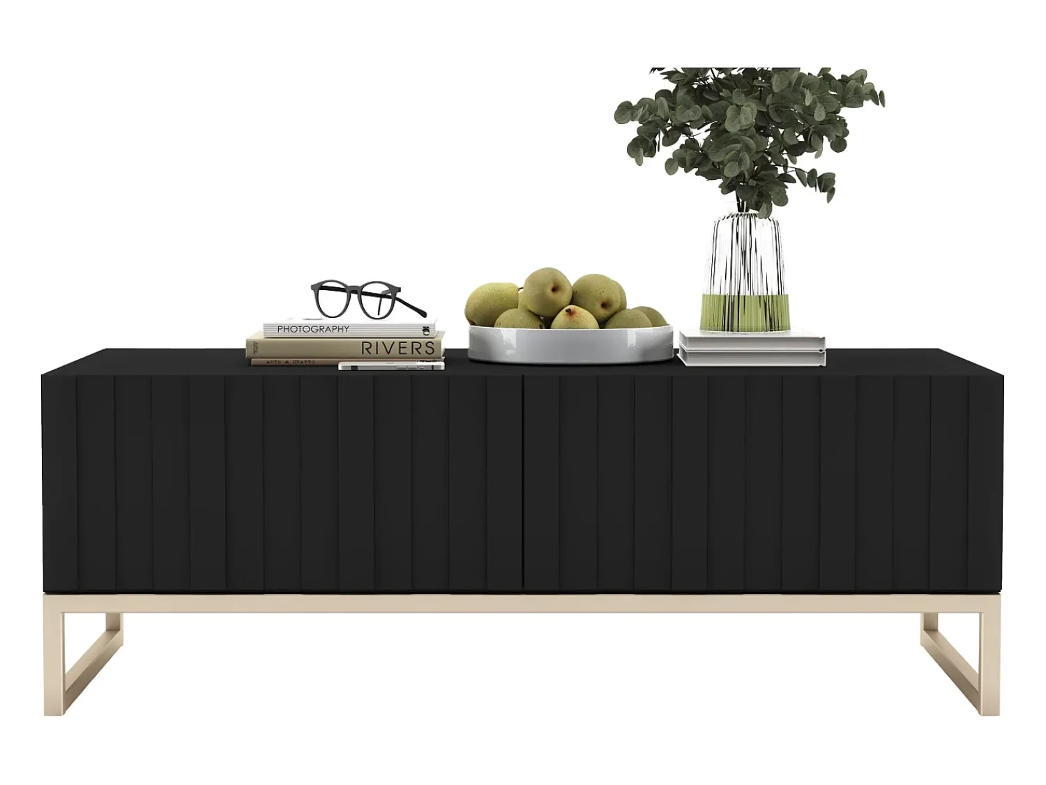 Mesa de centro com 2 portas – corpo fosco, frentes caneladas fosco – 110 cm, estrutura metálica^ Mesa De Centro