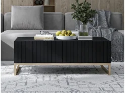 Mesa de centro com 2 portas – corpo fosco, frentes caneladas fosco – 110 cm, estrutura metálica^ Mesa De Centro