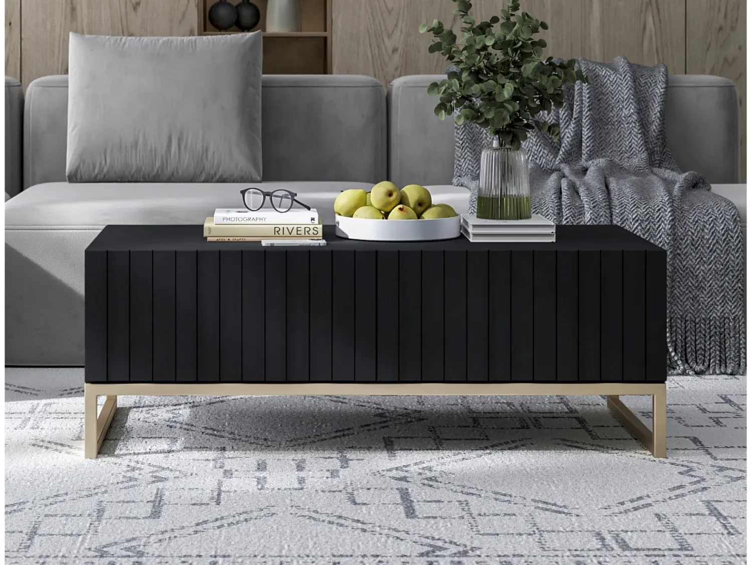 Mesa de centro com 2 portas – corpo fosco, frentes caneladas fosco – 110 cm, estrutura metálica^ Mesa De Centro