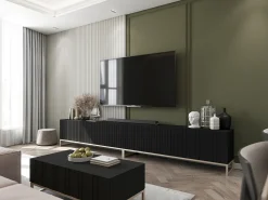 Mesa de centro com 2 portas – corpo fosco, frentes caneladas fosco – 110 cm, estrutura metálica^ Mesa De Centro