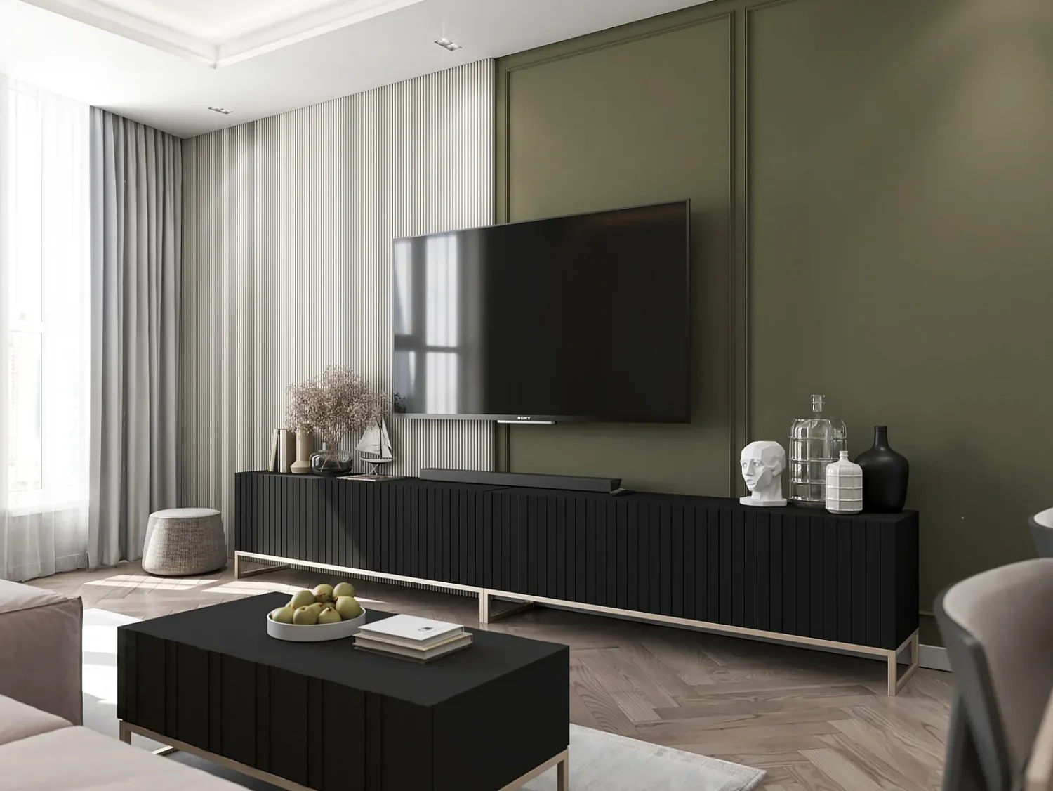 Mesa de centro com 2 portas – corpo fosco, frentes caneladas fosco – 110 cm, estrutura metálica^ Mesa De Centro