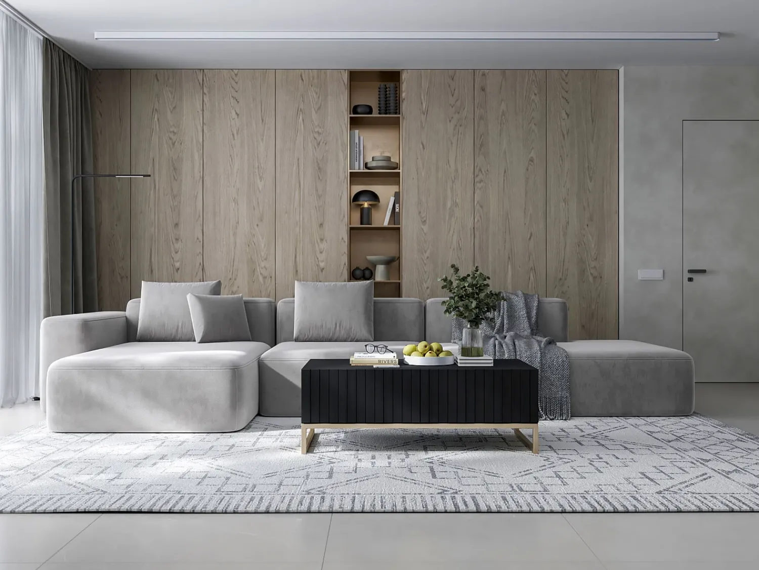 Mesa de centro com 2 portas – corpo fosco, frentes caneladas fosco – 110 cm, estrutura metálica^ Mesa De Centro