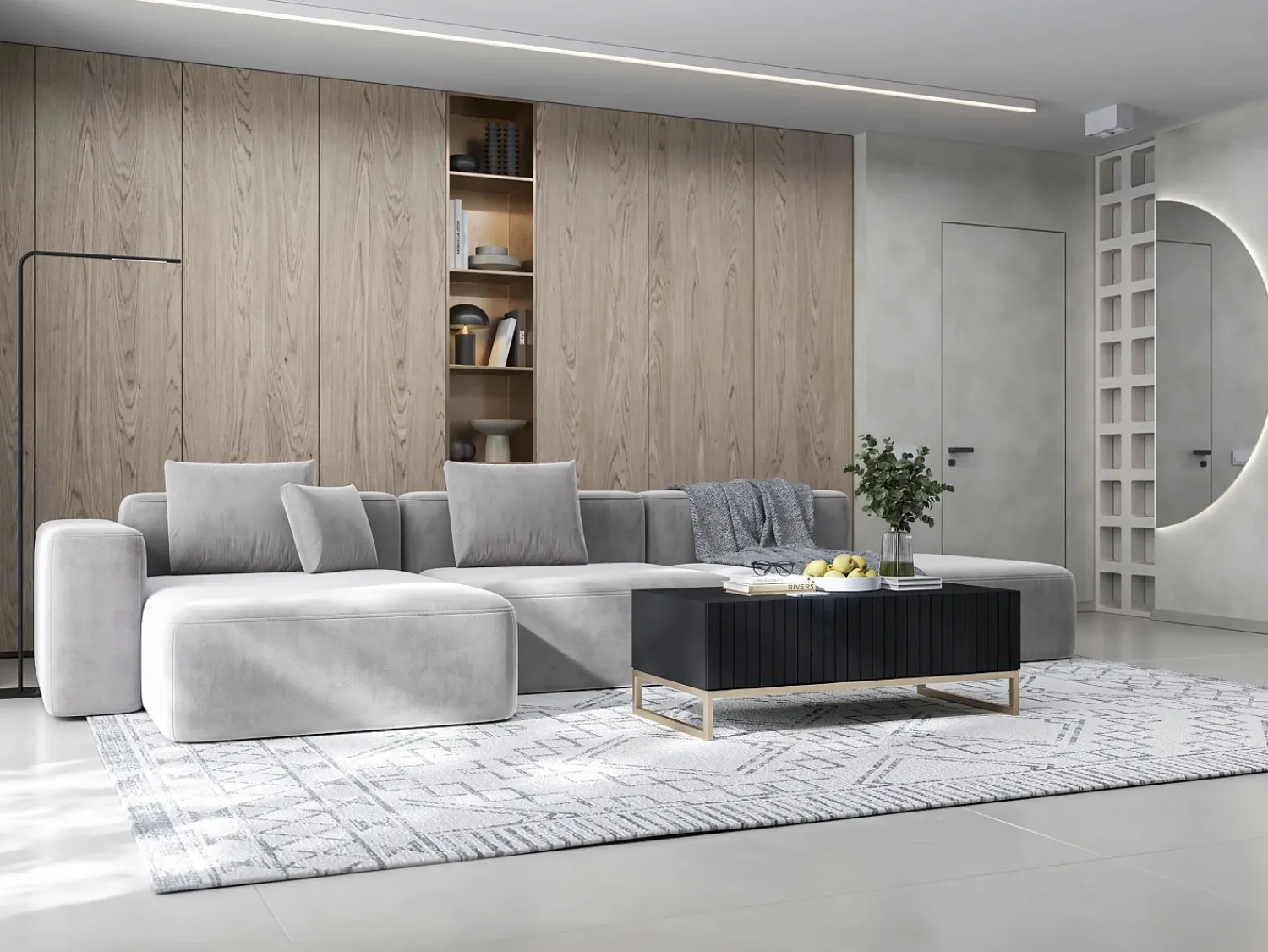 Mesa de centro com 2 portas – corpo fosco, frentes caneladas fosco – 110 cm, estrutura metálica^ Mesa De Centro
